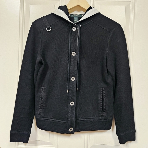 Lauren Ralph Lauren Black Hooded cotton SweaterJacket Button Up size XS - Picture 1 of 9